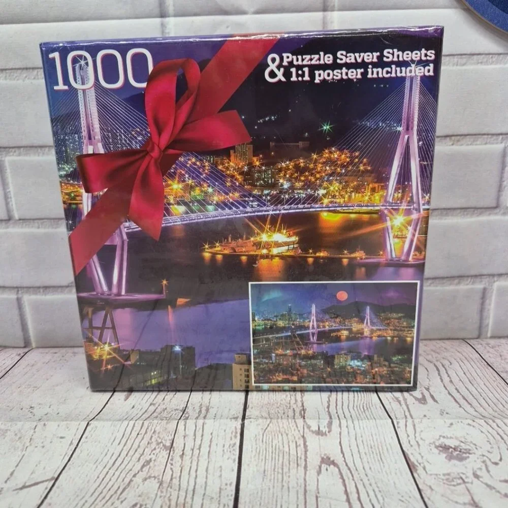 Night City On The River Puzzle 1000 Pcs Harbor Port w/Poster~Sealed~29.5x20.5 In